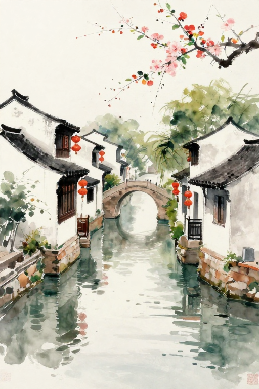 江南水乡水彩笔触，花香四溢的宁静小镇