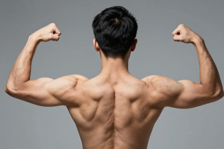 健硕男性背部特写：冷调柔光下的肌肉线条之美