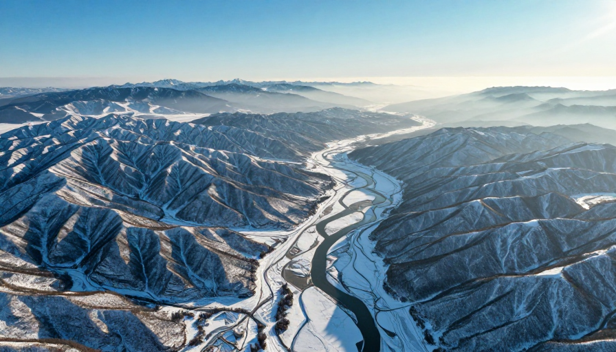 航拍冬景：雪山与冰川河流交织的冷峻自然奇观