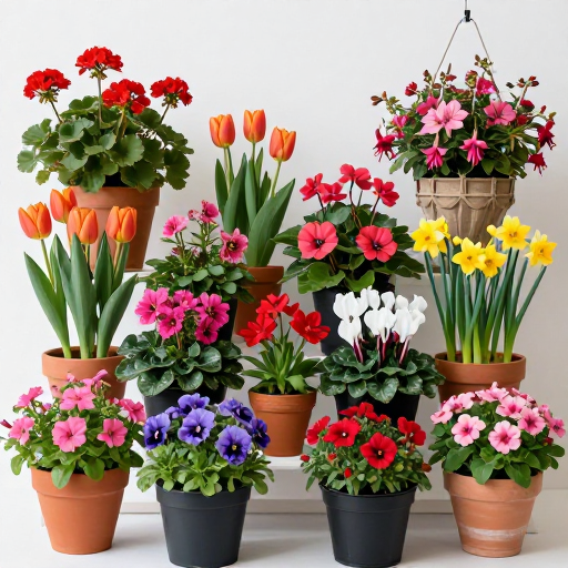 专业园艺展示：多彩盆栽在纯白背景的精美陈列