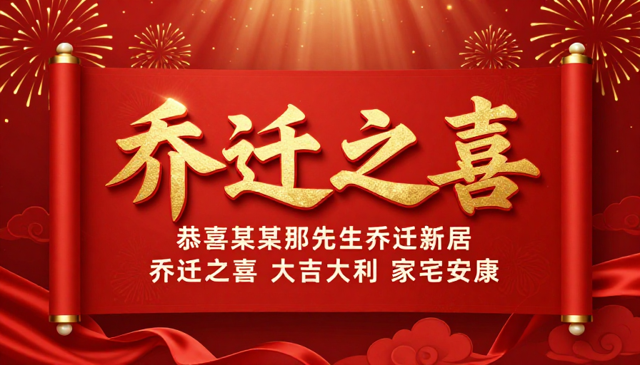 喜庆中国风乔迁之喜金色卷轴海报设计