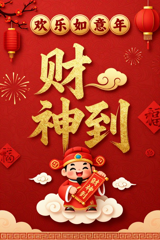 中国新年喜庆海报：金色立体财神到