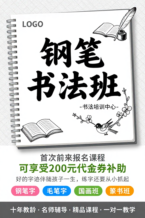 手绘素描风书法培训招生海报