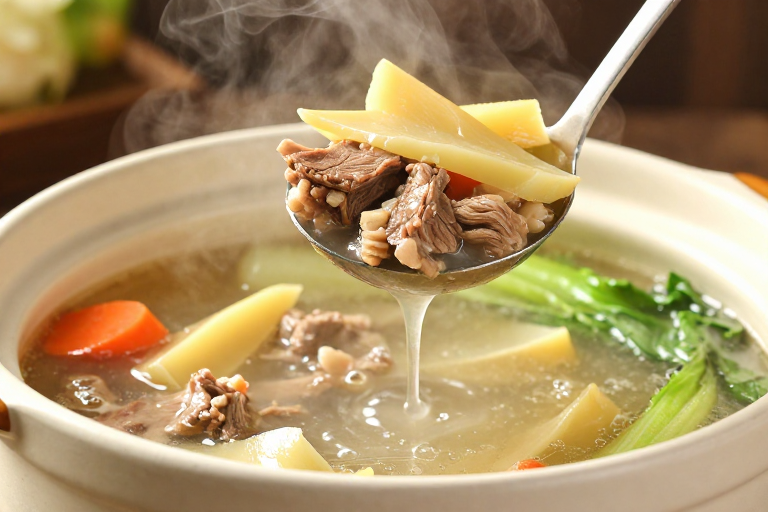 砂锅炖牛肉诱人特写：热气腾腾的美食瞬间