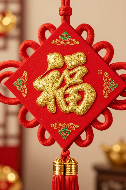 喜庆新年福字挂饰特写，暖红金色调彰显节日氛围