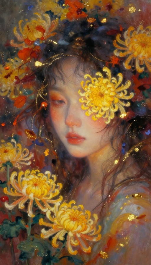 秋日梵高风:少女眼嵌菊花的朦胧油画肖像