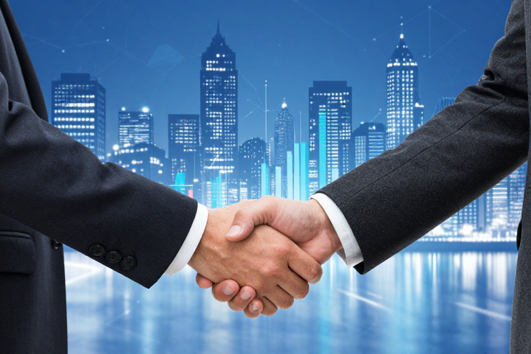 科技商务握手瞬间：冷蓝光影下的专业协作场景