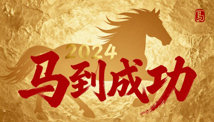 朱红书法奔马与金色数字的新年祝福海报设计