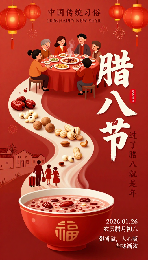暖红中国风腊八节海报 传递团圆年味