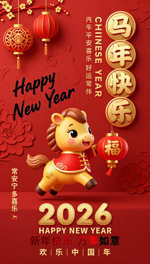 喜庆中国风3D马年海报：金色小马跃起福字灯笼