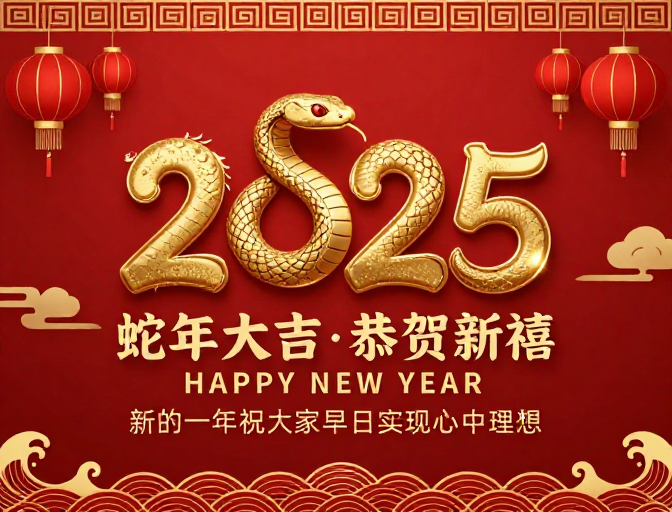 2025蛇年中国风新年海报：红金艺术字与吉祥元素融合