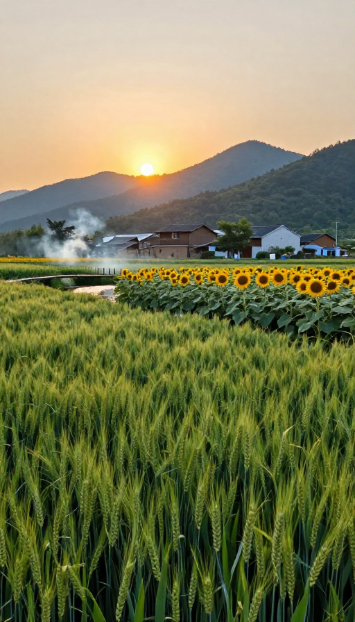 绝美农庄：麦田、向日葵与炊烟的夕阳画卷