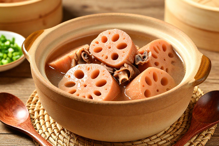 清亮莲藕排骨汤:中式暖棕美食摄影
