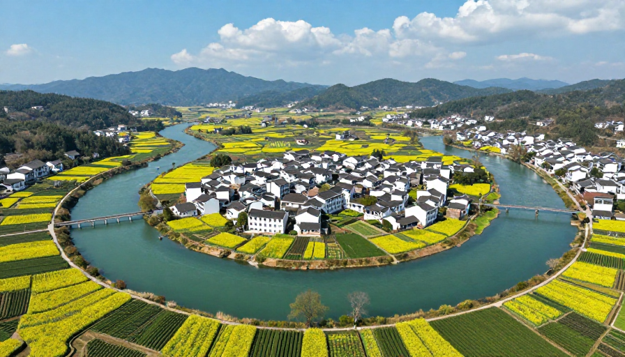 江南水乡田园风光:金黄花海与白墙黛瓦的和谐画卷