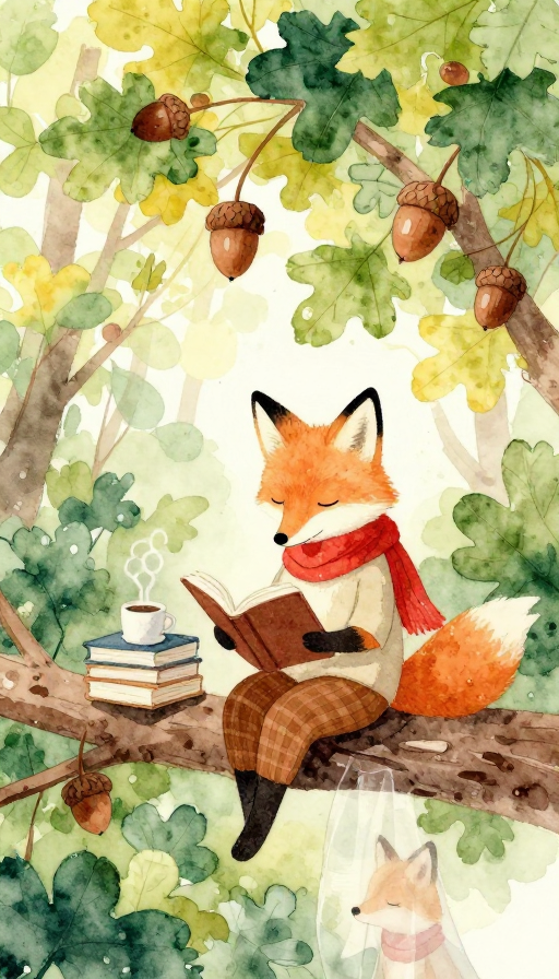 静谧森林：水彩拟人狐狸的诗意阅读时光