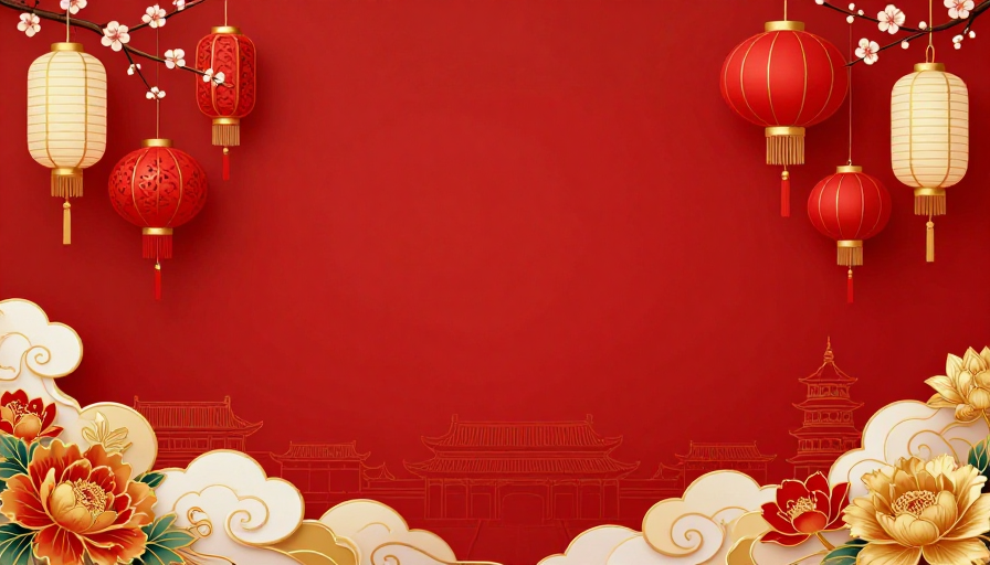 喜庆朱红中国节景:传统灯笼与祥云花卉背景