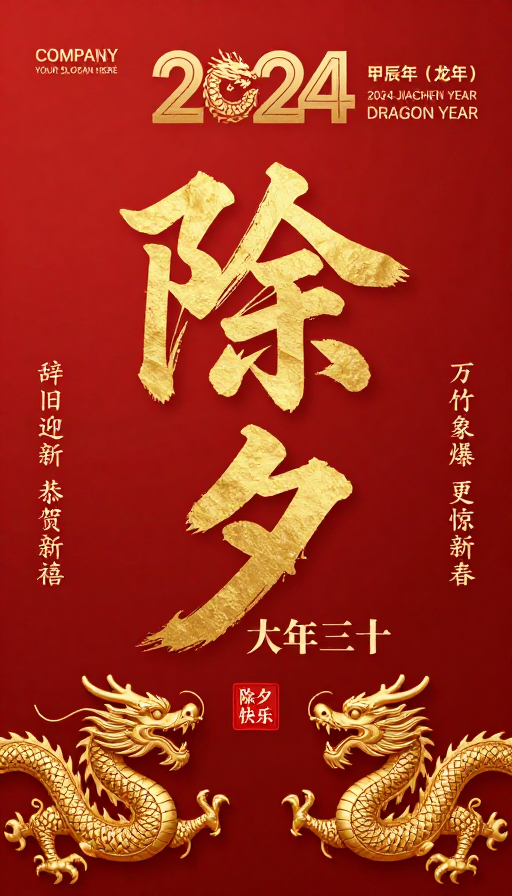 2024龙年除夕金色书法喜庆海报