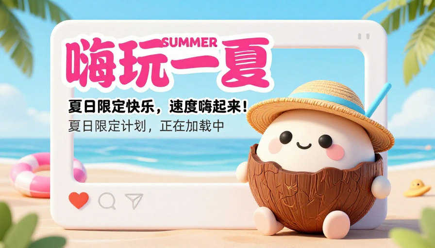 夏日嗨玩促销海报：Q版椰子快乐启程