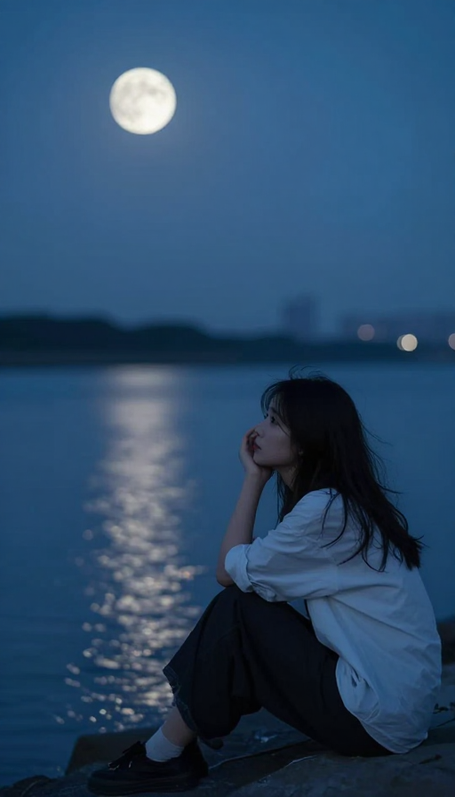 孤单的月夜：江边失恋少女凝望远方