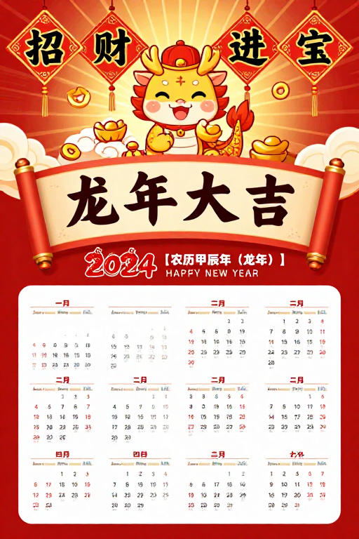龙年大吉：2024新春红金主题日历海报