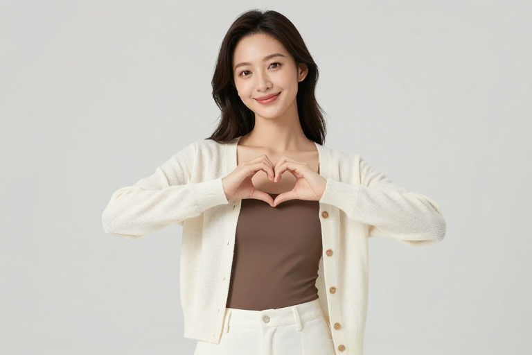 亚洲女性微笑比心，柔光暖调时尚写真