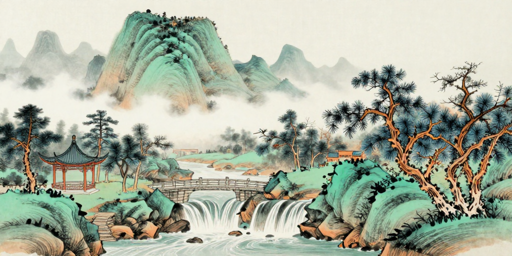 青绿山水晨雾缭绕，古桥飞檐映韵流长