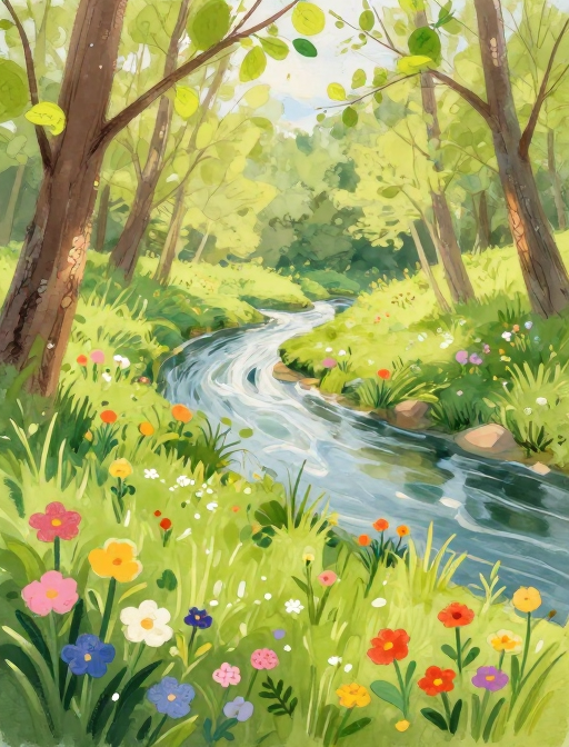 春日生机：水彩油画融合的自然复苏画卷
