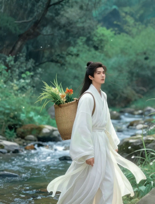 古风水墨背影:绿意山溪中的白衣旅人