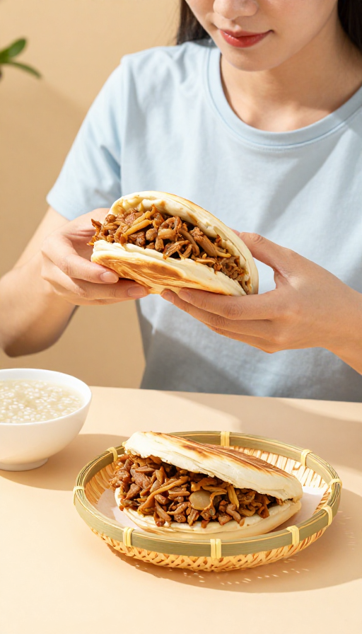 浅蓝少女肉夹馍实拍：精致美食摄影