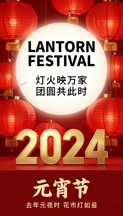 2024元宵节喜庆海报:红灯笼光影与团圆祝福