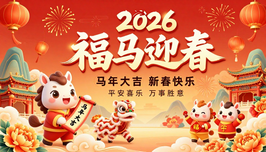 2026春节喜庆中国风海报，福马迎春