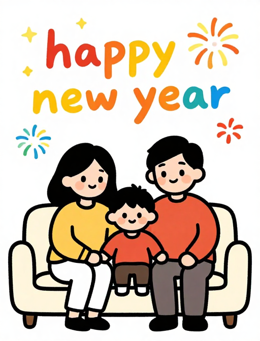 粗线条卡通家庭插画：爸妈与儿子共赏新年烟花，治愈温馨