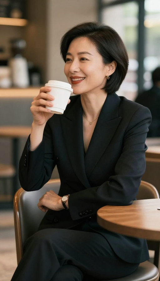 高质商务女性：电影感咖啡厅微笑肖像