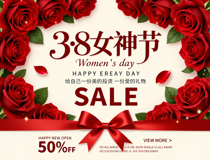 浪漫妇女节促销海报:玫瑰星光交织的节庆美