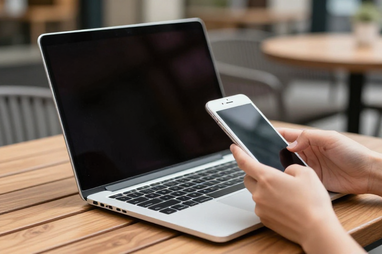 银屏木桌上的都市职场女性:移动办公新趋势