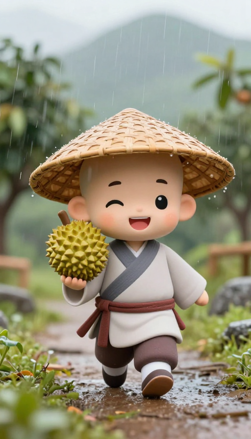 呆萌僧童Q版雨中漫步榴莲笑靥