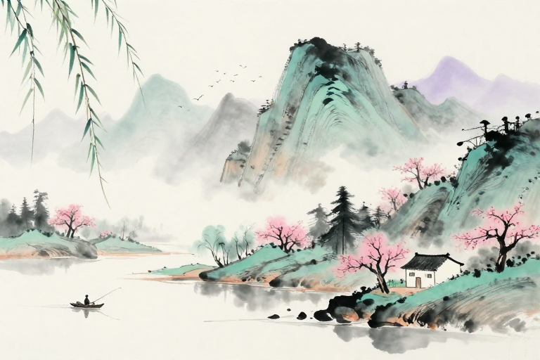 水墨紫雾山峦静景