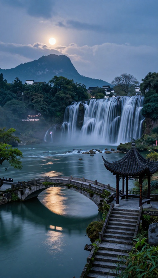 徽派水乡月夜:飞瀑流泉映古桥
