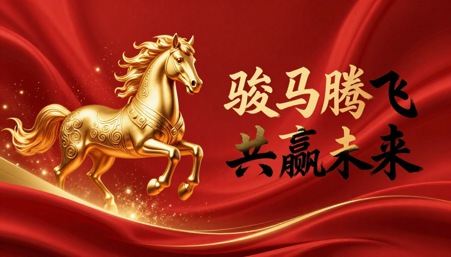金色骏马腾跃 红色绸缎庆典主题海报设计
