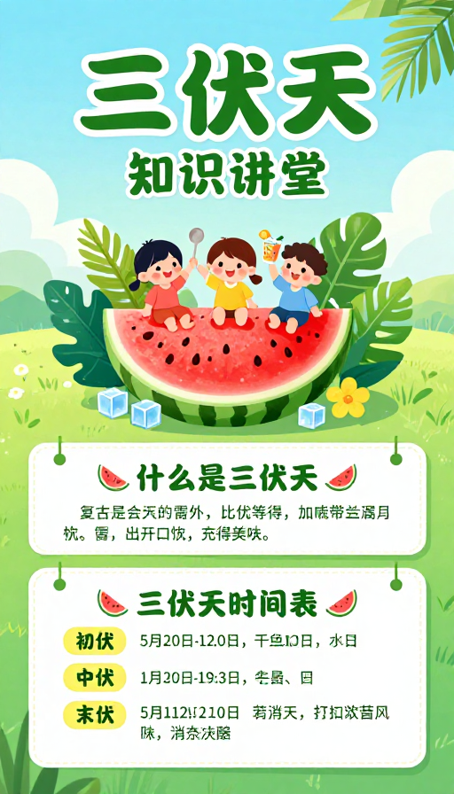 三伏天知识科普:清凉夏日童趣海报