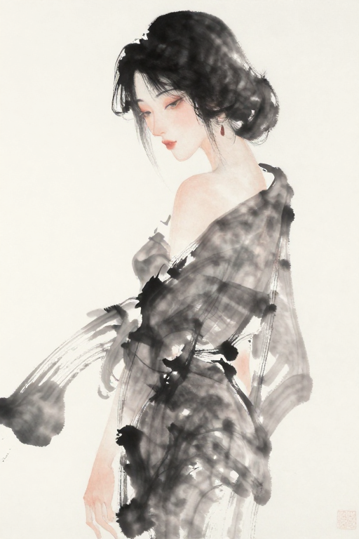 水墨洇晕写意女性人物画