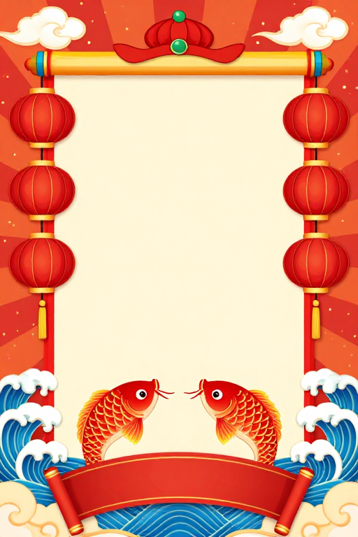 喜庆新年主题插画背景，融合年画剪纸风格