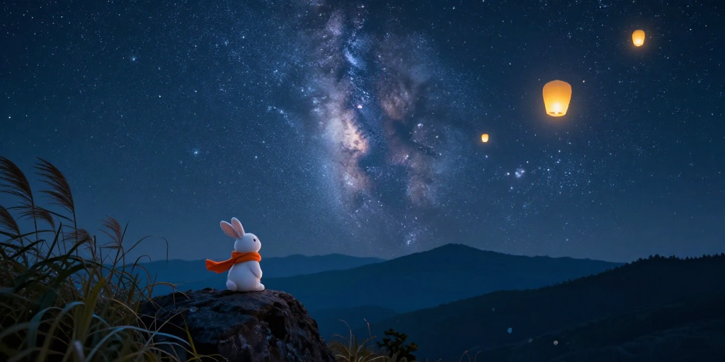 星河夜梦:橙围巾兔与孔明灯
