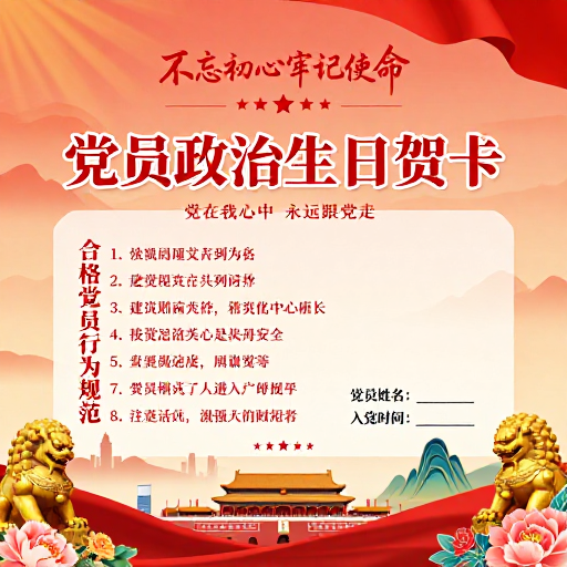 党员政治生日贺卡:庄重插画风宣传海报