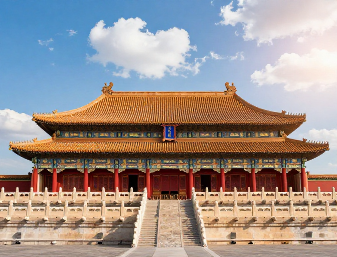 故宫太和殿全景：红墙金瓦与对称光影的皇家艺术