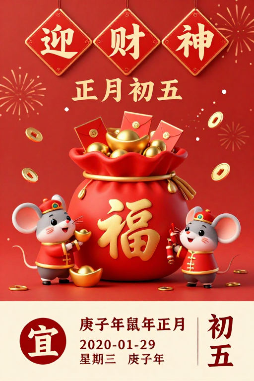 红金鼠年迎财图：正月初五福袋贺岁
