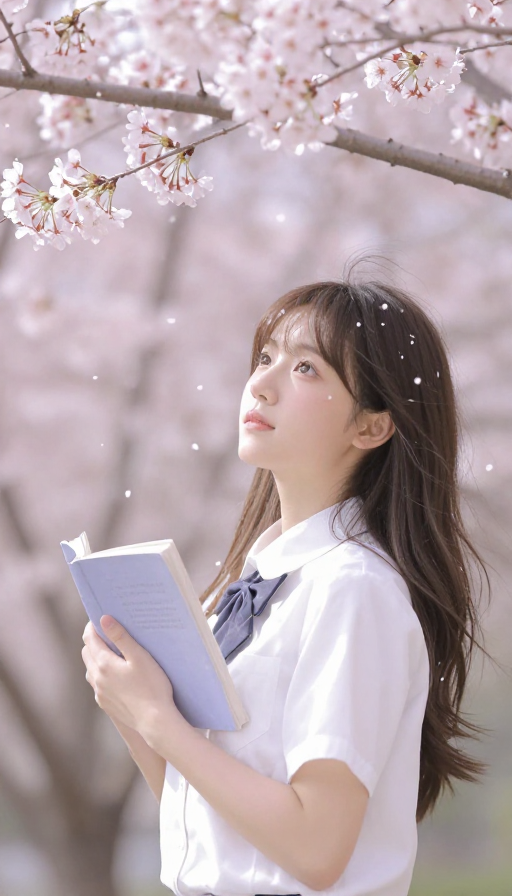 樱花树下少女书香浪漫春日诗意瞬间