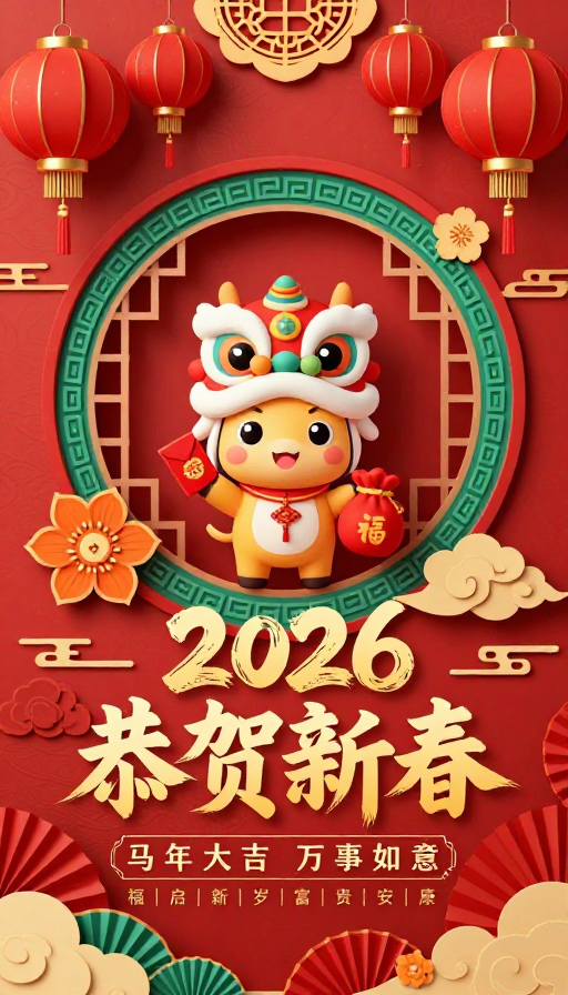 2026春节剪纸与3D立体艺术贺岁海报，红色吉祥卡通马