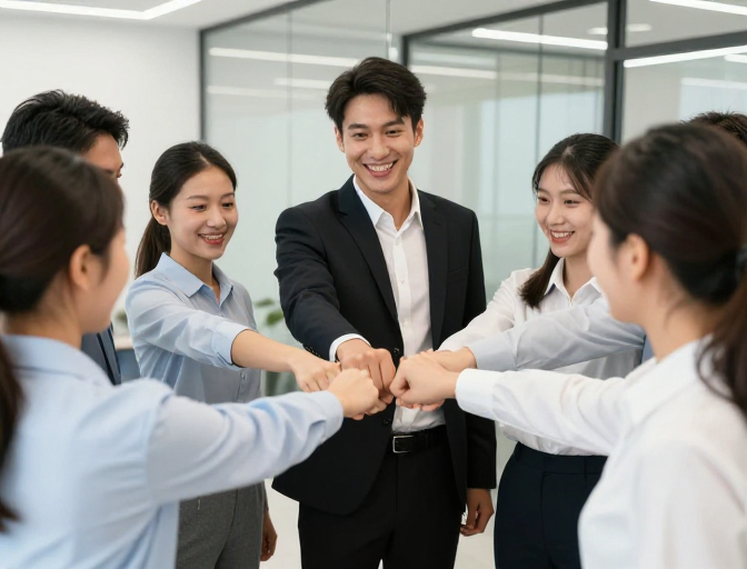 团队协作庆祝：六位职场伙伴高光时刻