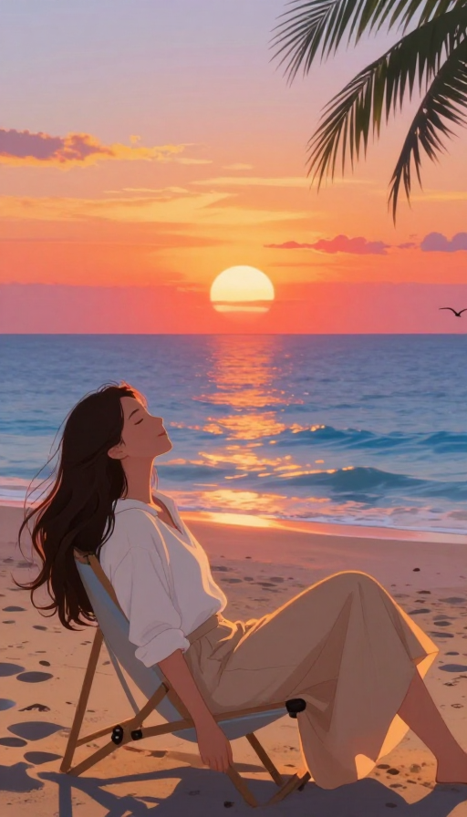 落日海滩上的宁静休憩